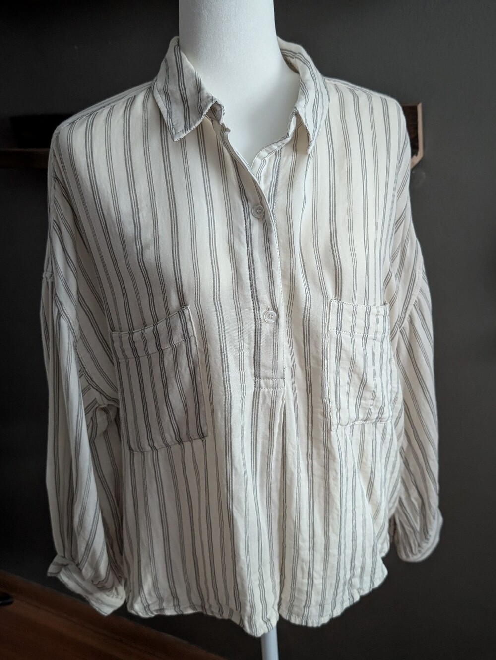 Max Studio London Striped Button Down Top XL 100% Cotton Neutral Casual